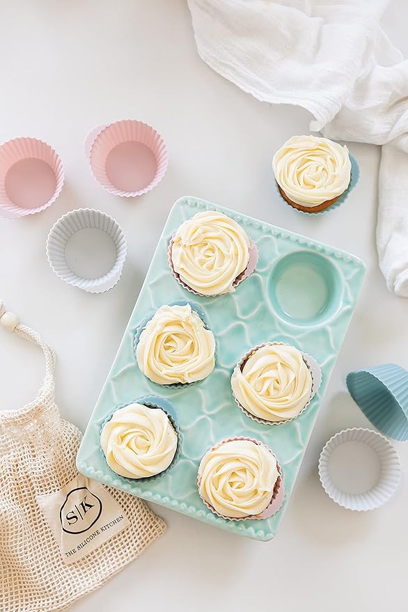 The Silicone Kitchen Reusable Silicone Baking Cups Silicone Muffin Liners for Cupcakes, BPA Free, 12 Pack, Regular, Pink Gray Blue