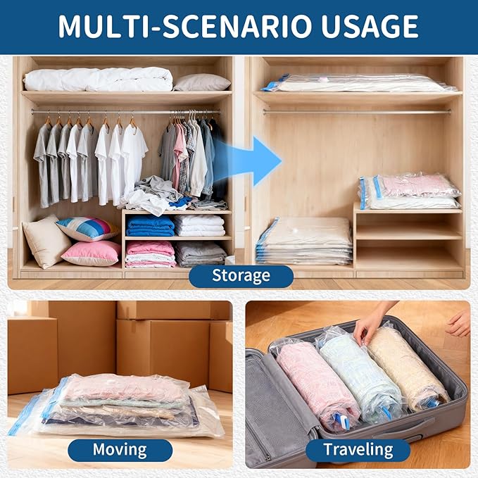 Vacuum Storage Bags for Clothing Travel,12 Pack Vacuum Bags with Pump,Space Saver Bag for Clothes Travel & Home(2 Roll Up Bags,3 Small,3 Medium,2 Large,2 Jumbo)