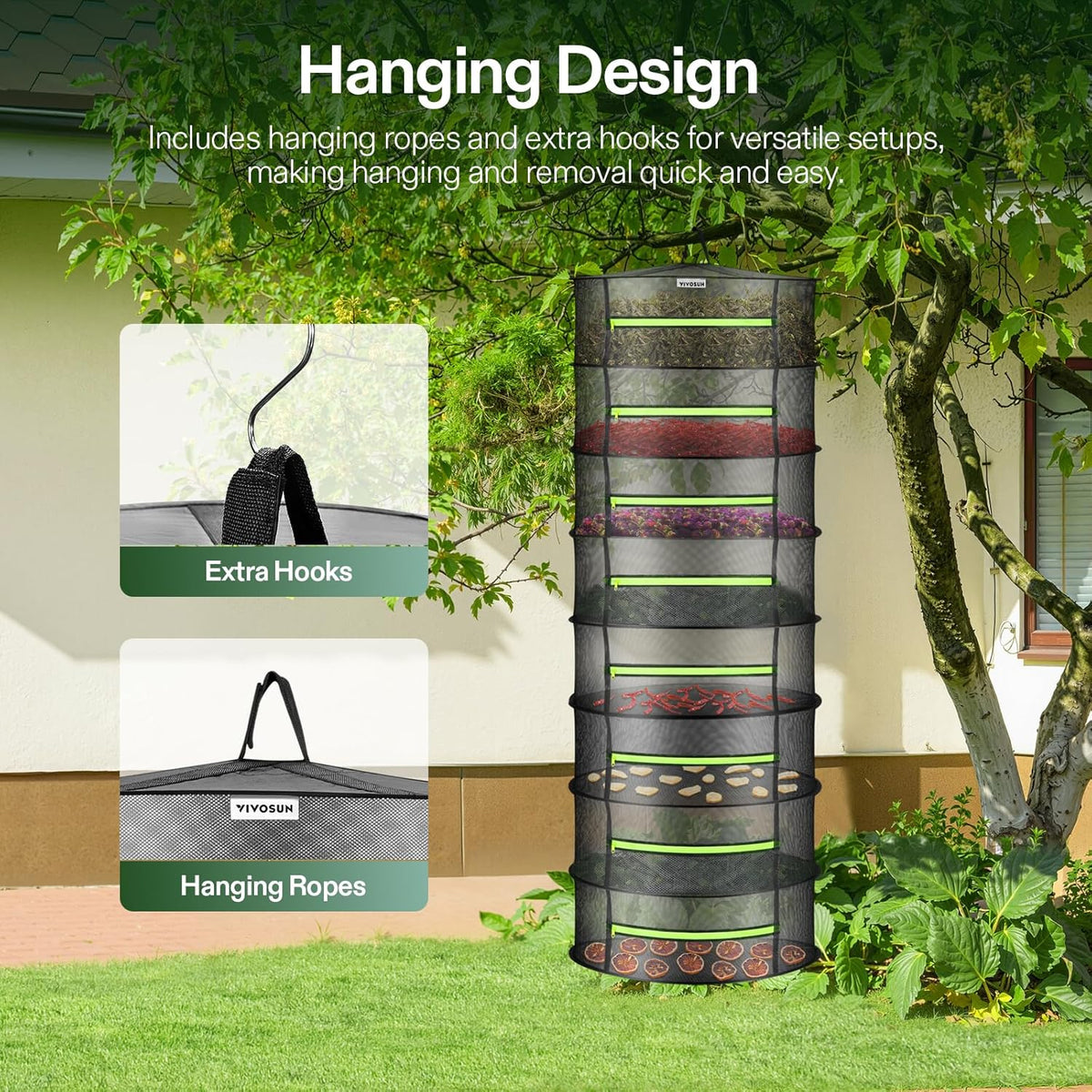 VIVOSUN 8-Layer Mesh Drying Rack Hanging Design with Green Zippers for Dehydrating, Indoor and Outdoor Pruning Shears Included