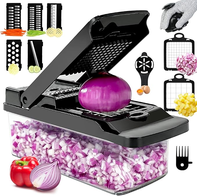 Vegetable Chopper Onion Dicer with 7 Stainless Steel Blades, 13 in 1 Professional Mandoline Slicer for Veggie Chopper Slicing Carrots Potatoes Garlic Essential Kitchen Gadget
