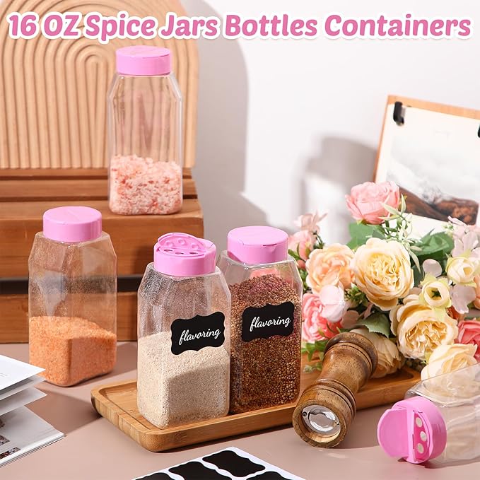 Mifoci 28 Pack 16 oz Plastic Spice Jars with Cap Square Plastic Bottle Containers with Shaker Lids and Stickers Large Seasoning Shaker Empty Powder Storage Container for Storing Salt Herbs (Pink)