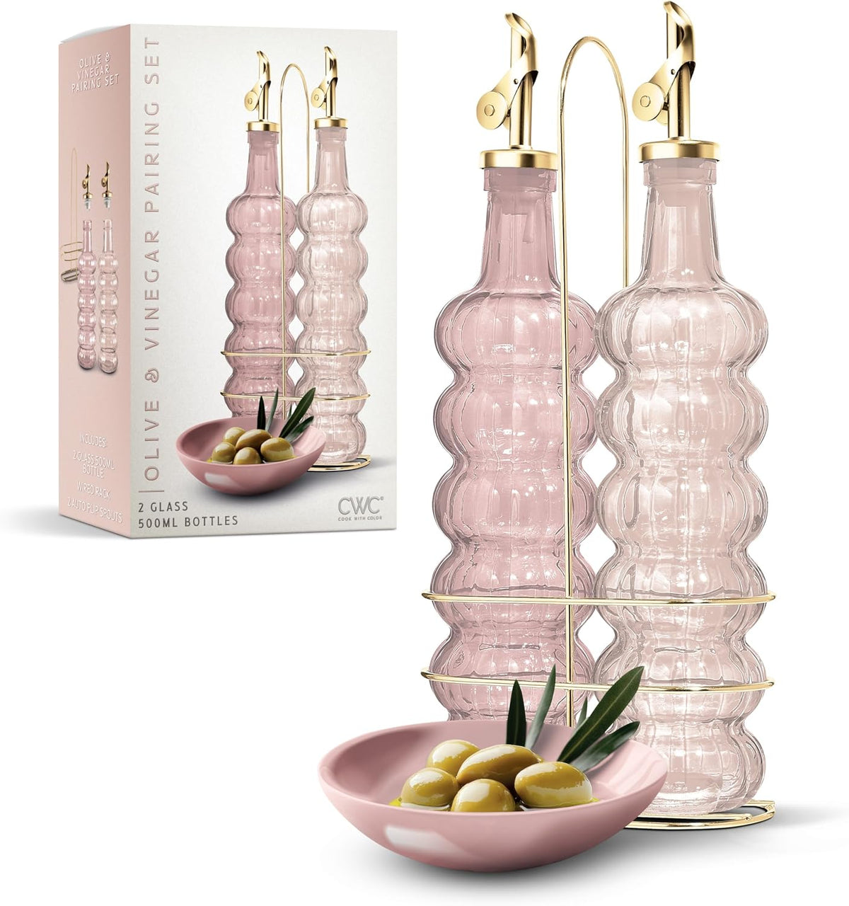 COOK WITH COLOR Glass Olive Oil Bottle Dispenser - 2 Pack- 17oz Oil and Vinegar Cruet - Olive Oil Carafe Decanter for Kitchen