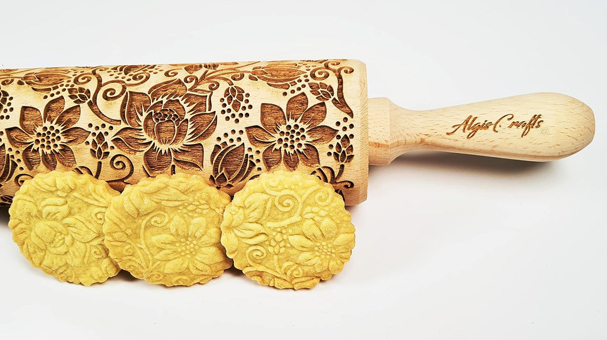 LOTUS embossing rolling pin with Lotus flower Pattern. Dough roller for embossed cookies and Pottery by Algis Crafts