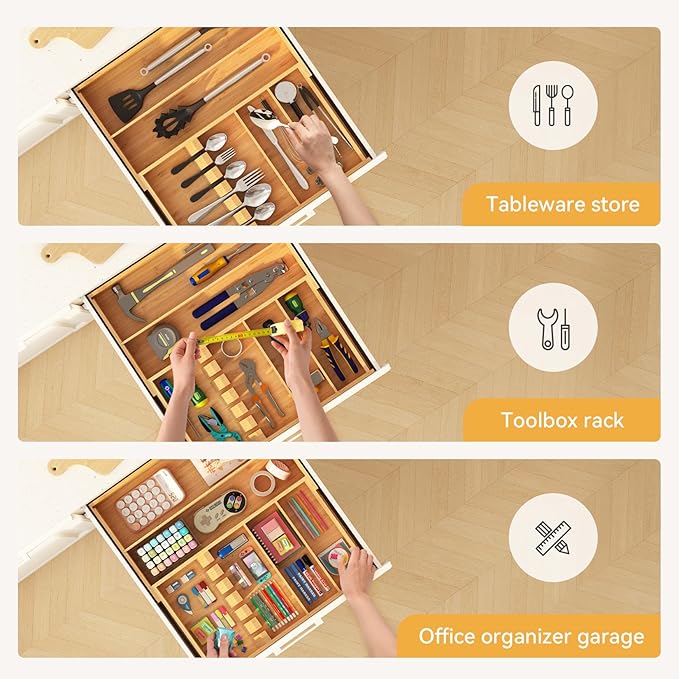 Yofidra Pure Bamboo Silverware Drawer Organizer: 16.9x18.9 Expandable Large Silverware Utensil Tray Holder, 5-Compartment with 6 Card Slots Flatware Organizer Kitchen Organizers and Storage