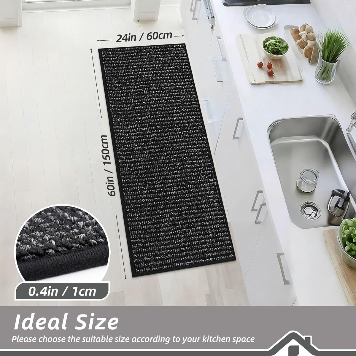 BEQHAUSE Kitchen Runner Rugs 24"x60", Non-Slip Kitchen Mats for Floor, Super Absorbent and Stain Resistant Kitchen Rug, Machine Washable Rugs for Kitchen, Hallway, Laundry & Sink, Black
