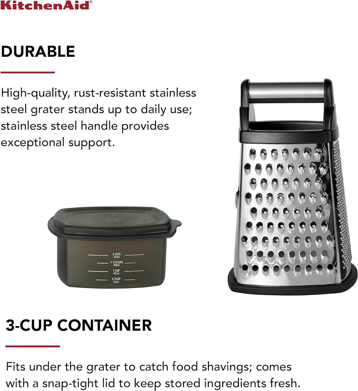 KitchenAid Gourmet 4-Sided Stainless Steel Box Grater for Fine, Medium and Coarse Grate, and Slicing, Detachable 3 Cup Storage Container and Measurment Markings, Dishwasher Safe, 10 inches tall, Black