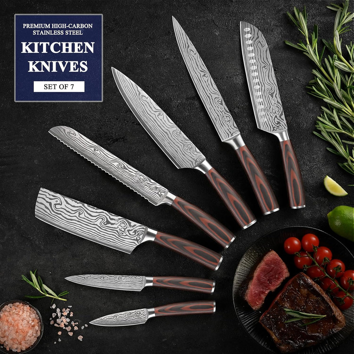 Sunnecko Kitchen Knife Set 7 Piece Chef Knife Set Professional High Carbon Stainless Steel, Sharp Kitchen Knives with Wooden Handle