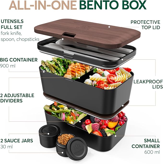 Umami Premium Lunch Box Containers w/ 4 Utensils, 2 Sauce Jars, Nestable Space-Saving Bento Box Adult, 100% Leakproof, Microwavable Lunch Containers for Adults, Walnut Black, 50 oz