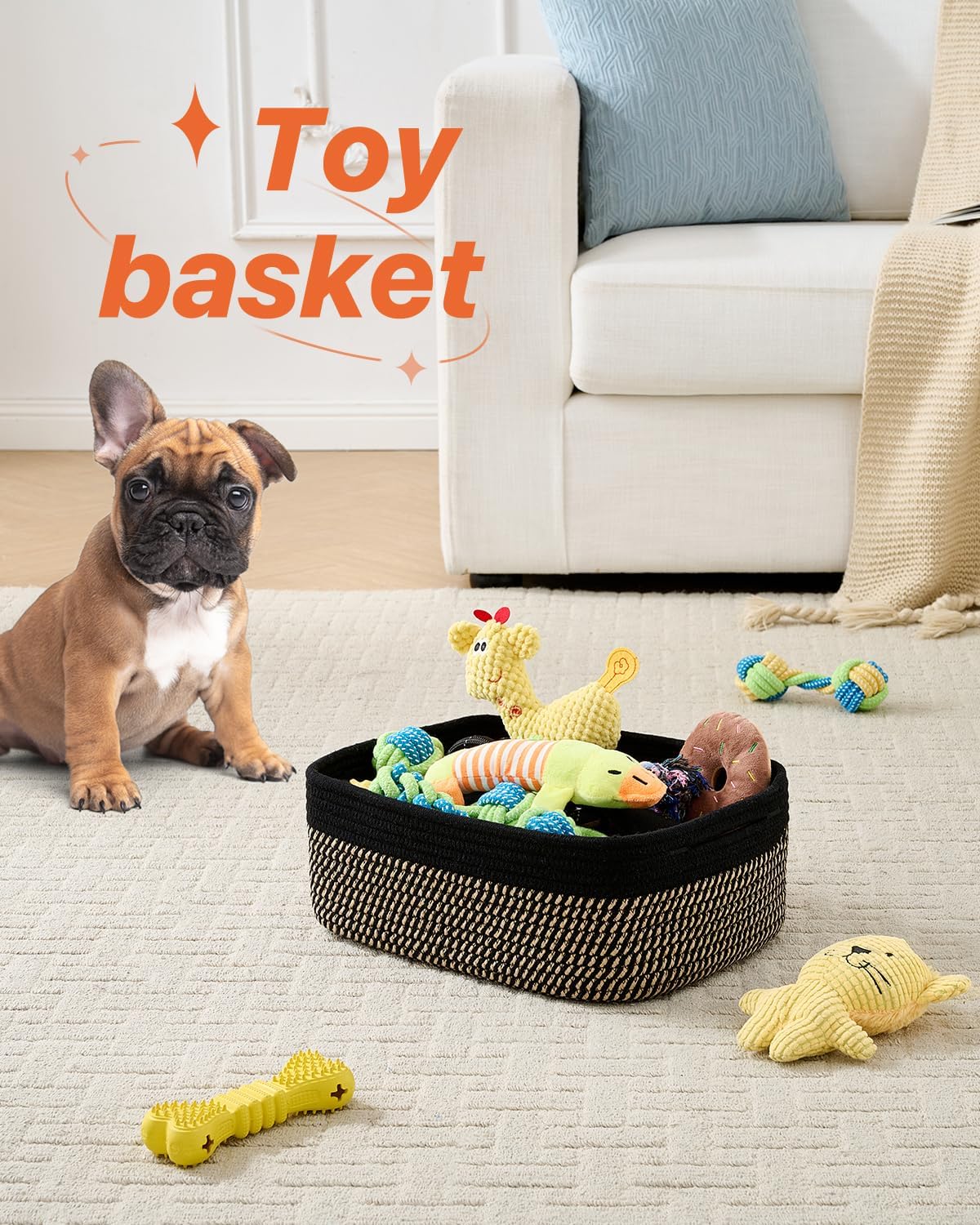 Small Woven Basket, 13.5 x 9.5 x 5 Inches, Storage Basket for Organizing, Cute Small Rope Shelf Closet Cube Storage Bins Baskets for Shelves, Dog Toy Gift Baskets Empty, 3 Pack Black & Brown