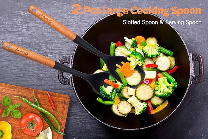 Large Silicone Cooking Spoon Set, 2 Pack Solid Slotted Spoon with Wooden Handle, Nonstick Silicone Kitchen Spoons for Cooking, Heat Resistan Spatula Set for Serving, Basting, Mixing (Black)