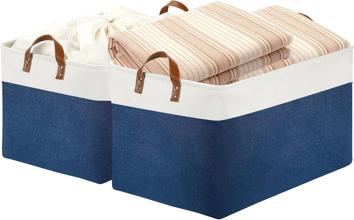 DULLEMELO 2-Pack Extra Large Blanket Basket Fabric Storage Baskets with Handles, Canvas Storage Baskets for Organizing Shelves Closet Toys Books, 22 x 15 x 13 inches(White&Blue)