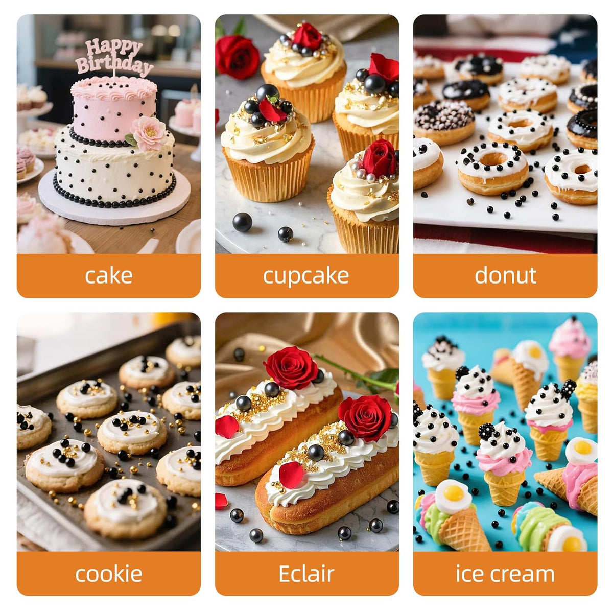Edible Pearl Sprinkles,Black Pearls Sugar Sprinkle,130g Mix Size Halloween Baking Cake Decorations Candy,Cupcake Toppers,Cookie Decorating Donuts Ice Cream Toppings, Birthday Party Supplies