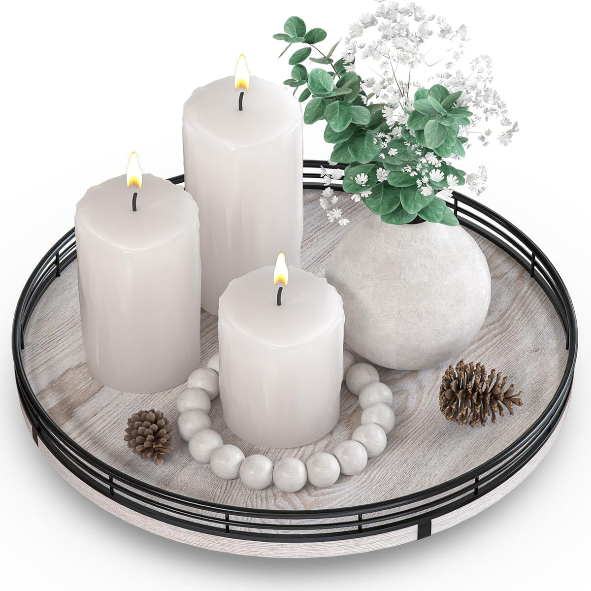 12" Farmhouse Lazy Susan for Kitchen & Coffee Table Decor – Rustic Wood Tray with Black Metal Frame, Decorative Centerpiece for Dining Room, Ottoman, Living Room, Serving or Vanity Use