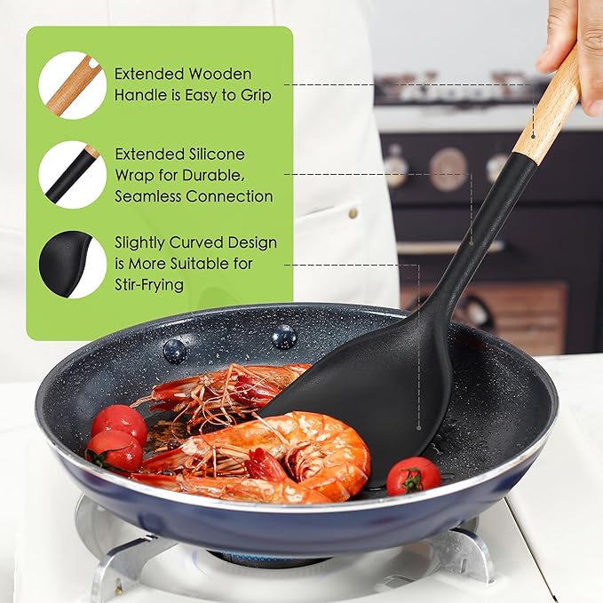 Large Silicone Cooking Utensils Set 7 Pcs, Wooden Handles Heat Resistant Spatula Set, Food Grade Silicone Kitchen Utensils Set with Holder, Gadgets BPA Free for Non-Stick Cookware