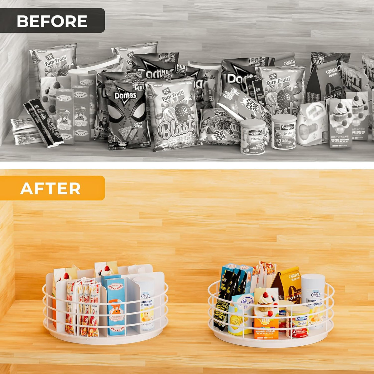 Snack Organizer - Versatile Snack Storage, Lazy Susan with Convenient Grab-and-Go Design, Metal Snack Holder for Home, Office, Breakroom, 10.85" L x 10.85" W x 5" H (White)