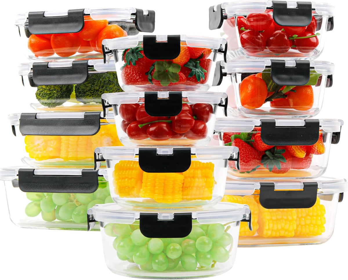 kakw12 Packs Glass Food Storage Containers,Glass Meal Prep Container for Lunch,can be used in the Microwave, Oven, Freezer and Dishwasher,with Upgraded Snap Locking Lids. (12 Packs)