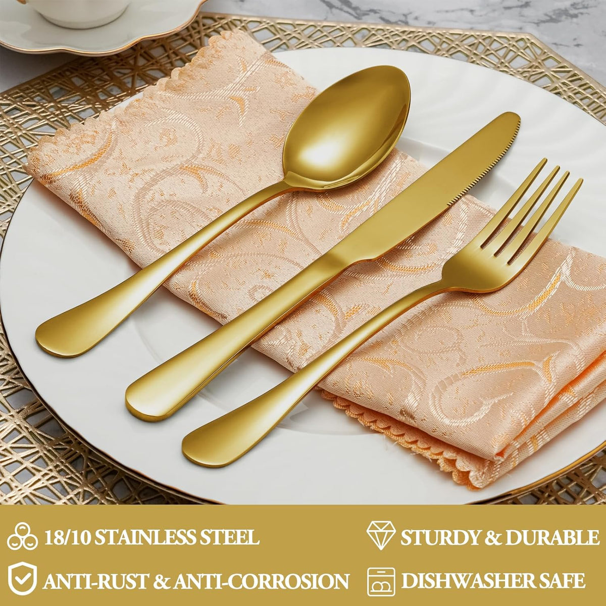 MUTNITT 60 Pcs Gold Silverware Set Service for 12, Premium Stainless Steel Flatware Set, Cutlery Utensil Set, Durable Home Kitchen Eating Tableware Set, Include Fork Knife Spoon Set, Dishwasher Safe