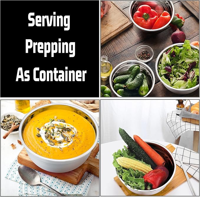 P&P CHEF Mixing Bowls With Lids, Set of 6, Stainless Steel Nesting Mixing Bowls & Fitting Lids & Non-Slip Silicone Bottom, Ideal for Mixing, Storing, Size 0.7/1/1.5/2.5/3/4.6 Qt, Black