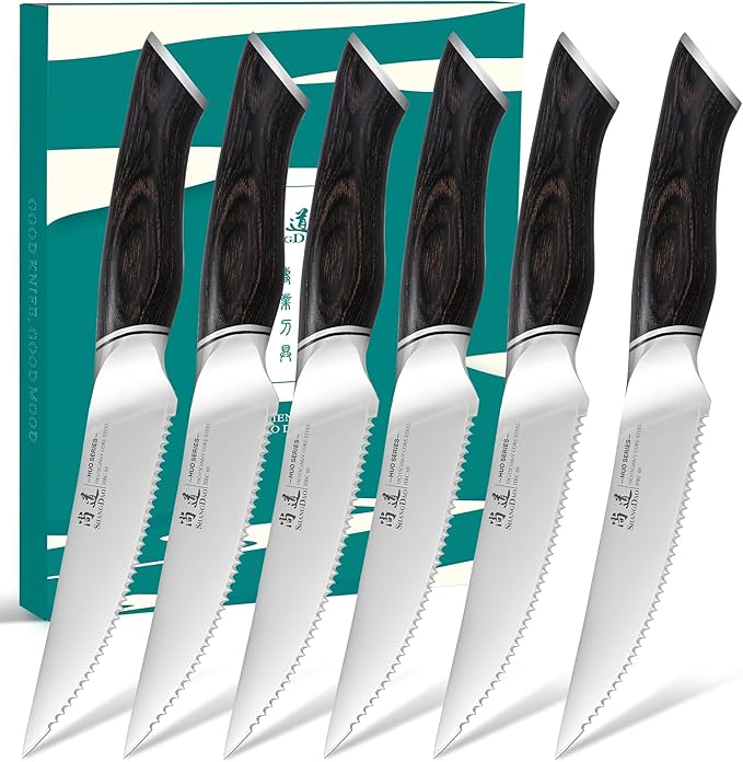 SHANGDAO Steak Knives Set of 6, Kitchen Steak Knife 4.5 Inch, 10Cr15CoMoV Core Steel High Carbon Stainless Steel Steak Knives, Serrated Steak Knife with Pakkawood Handle, Gift Box