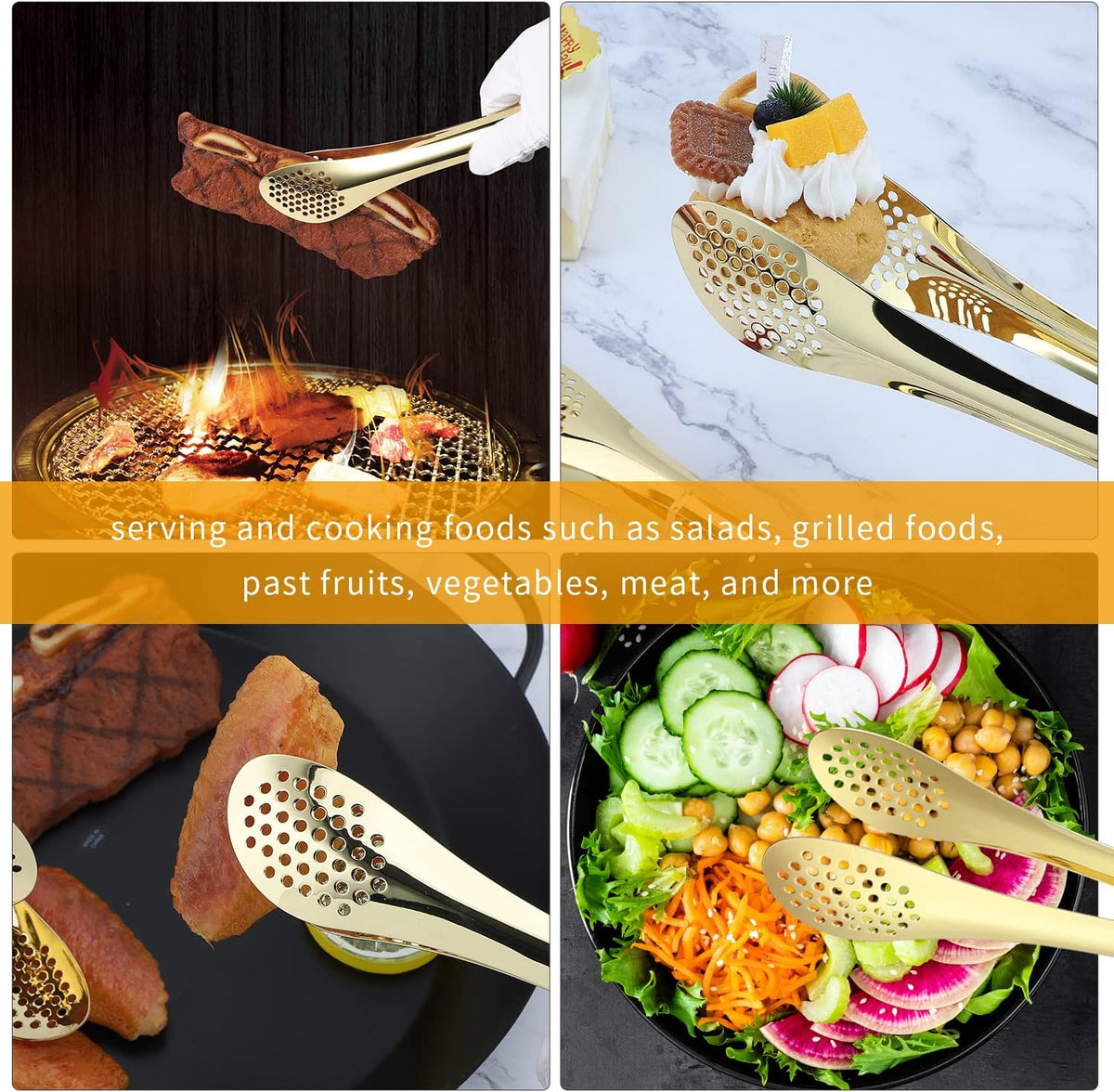 MSY BIGSUNNY Chef Kitchen Tongs Stainless Steel Food Serving Tongs Set of 3 (Golden 7" 9" & 11")