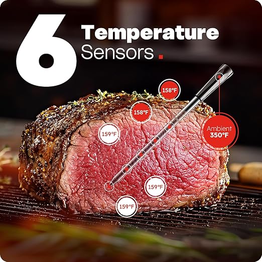 Smart Wireless Meat Thermometer with Ultra-Thin Probe, 6 Sensors Accuracy Digital Food Thermometer 0.5S Instant Read, IP67 Waterproof for BBQ, Grill, Smoker, Oven, Air Fryer,Grey