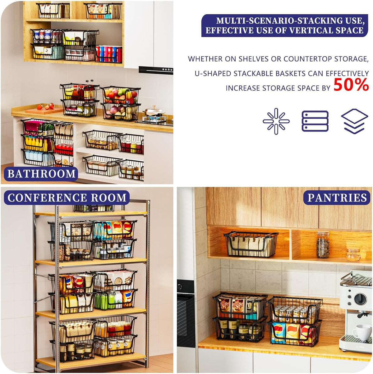 Enhanced Leak-Proof Bottom Stackable Wire Baskets, 4 Pack Pantry Organizers and Storage, pantry storage，Shelf Baskets, Fruit Basket, Potato and Onion Storage Bins，(Black)