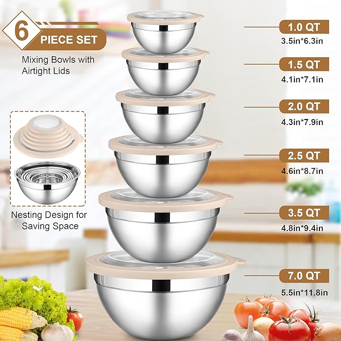 LIANYU Mixing Bowls with Visible Airtight Lids Set, 6Pcs Stainless Steel Kitchen Metal Nesting Bowls, Large Size 7, 3.5, 2.5, 2, 1.5, 1QT for Cooking, Baking, Serving, Dishwasher & Freezer Safe, Khaki