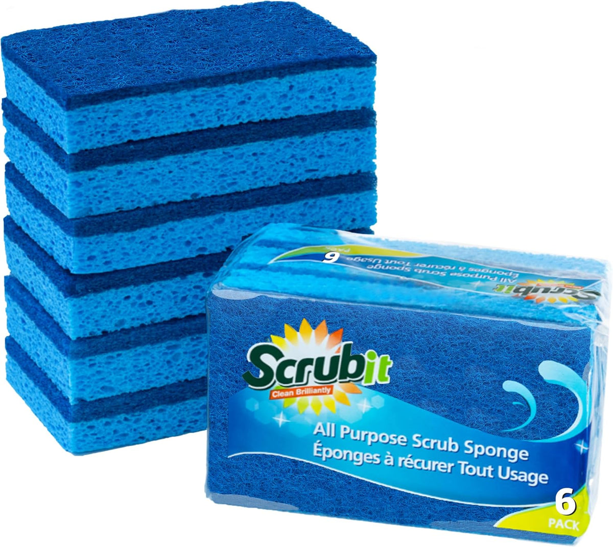 SCRUBIT Kitchen Scrub Sponges - Non-Scratch Dishwashing Sponge for Cleaning Dishes, pots and Pans - 12 Pack (Blue)