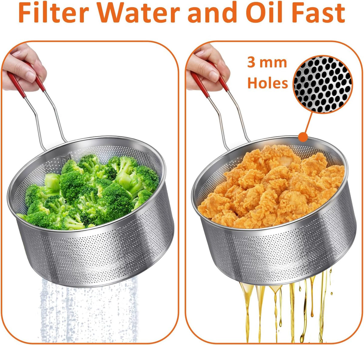 Deep Fryer Basket, 7.8''x4'' Fry Only, Round Stainless Steel Frying Baskets with Heat Resistant Silicone Handle, for Kitchen Cooking Strainer Colander, Serving Food, Ideal for Gift, 3-Quart