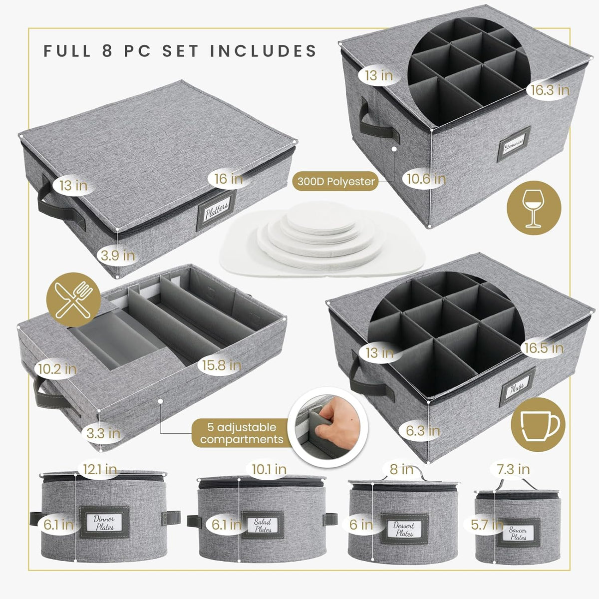 HOMELUX THEORY Dessert Plate Storage Box, 2pc Light Gray Hard Shell China Storage Containers With 24 Felt Pads, Kitchen Storage Bins With Lids, Heavy Duty Moving Box for Dishes & Dinner Plate