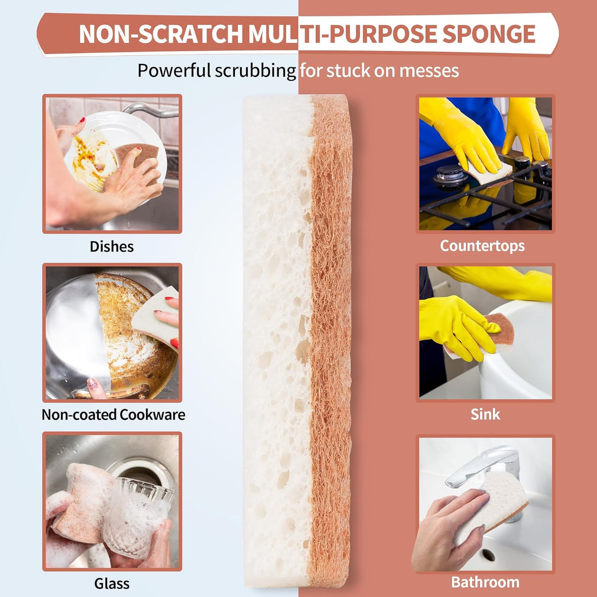 HOMERHYME Natural Dish Sponge 24 Pack, Non-Scratch Scrub Sponge, Eco Multipurpose Kitchen Sisal Fiber Cellulose Sponge, Odor-Less Dual-Sided for Dish Washing & Household Cleaning
