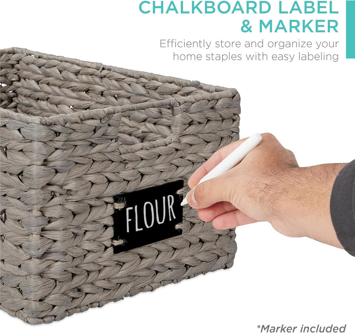 Best Choice Products Pantry Baskets Set of 2 16x12in Water Hyacinth Storage Baskets, Woven Wicker Kitchen Organizers with handles w/Chalkboard Label Chalk Marker - Gray