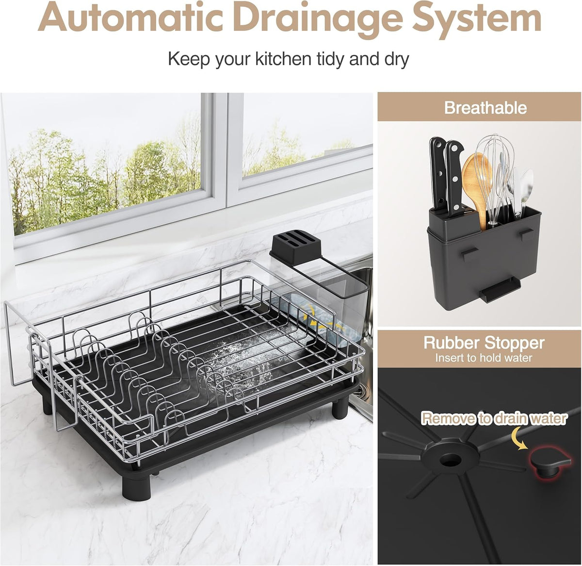 BOOSINY Stainless Steel Dish Drainers Drying Rack for Kitchen Counter with Automatic Drainage, 1 Tier Rust Proof Metal, Space Saving, Modern Aesthetic, Compact Plates Strainers,Gray