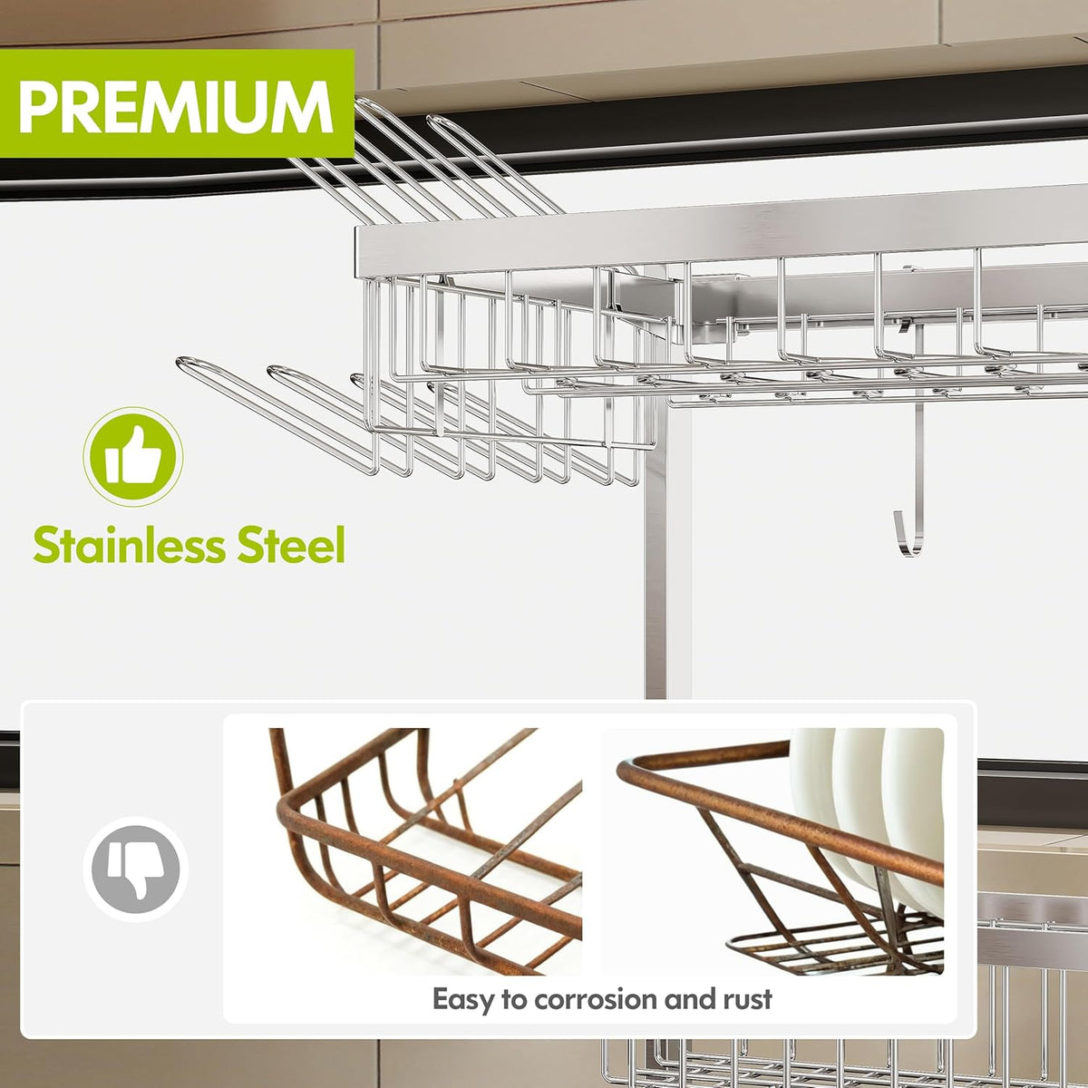 2 Tier Extra Large Stainless Steel Expandable Over The Sink Dish Drainer Drying Rack, Rust Proof Metal, Space Saving, Modern Silver Big Capacity Extendable Plate Strainers Above Kitchen Counter