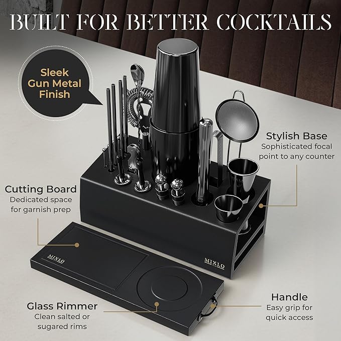 Mixology Bartender Kit - 22Pcs Bar Set Cocktail Shaker Set w Black Bar Cart Accessories Stand - Shakers Bartending Gun Metal Black Tools, 24oz Shaker, 17 Recipe Cards, Martini Barware