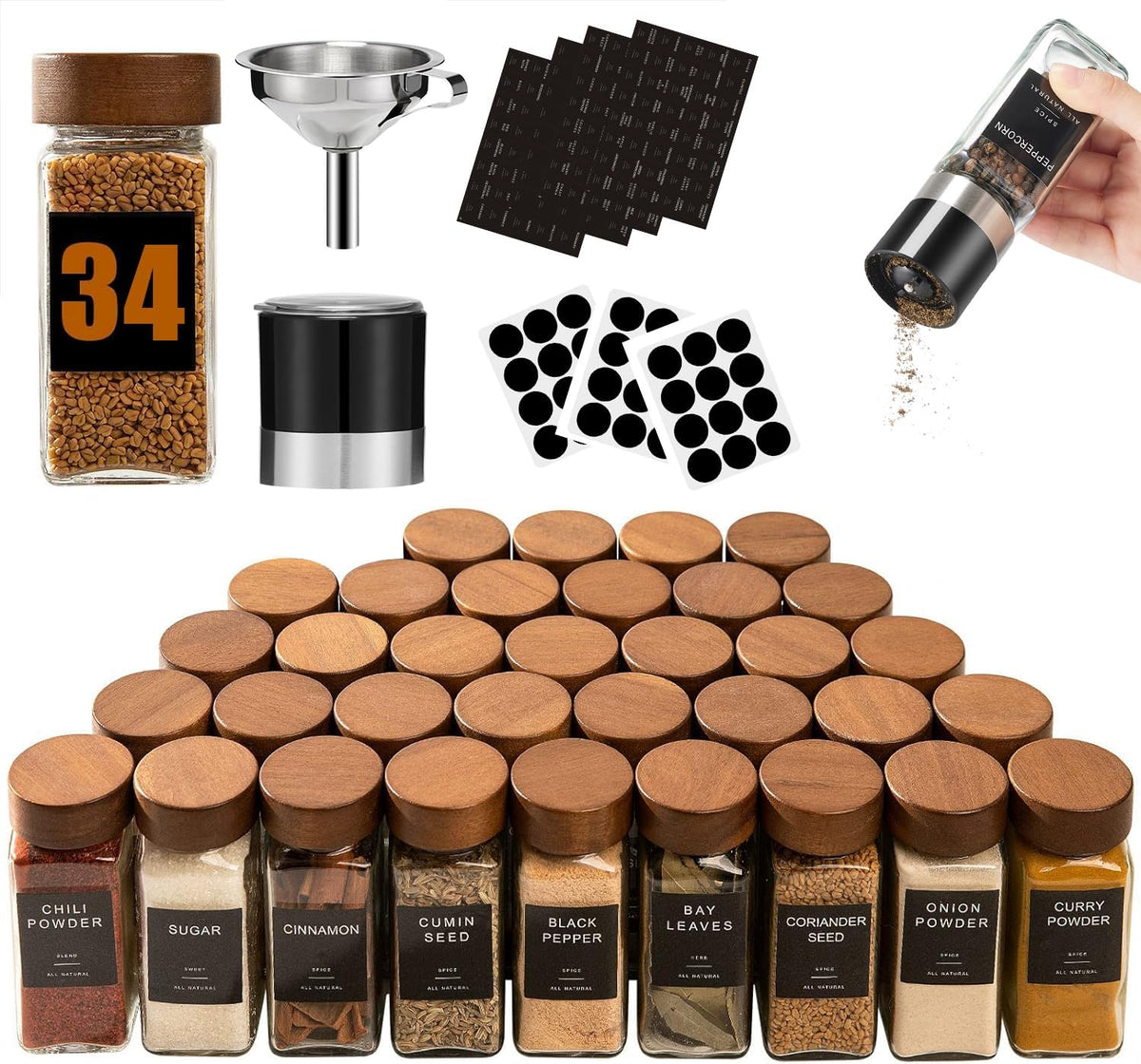 Yangbaga 34Pcs Glass Spice Jars with Labels-4oz Acacia Wood Lid Square Spice Containers with Pepper Grinder Lids &Funnel,Seasoning Jars for Rack Cabinet Drawer