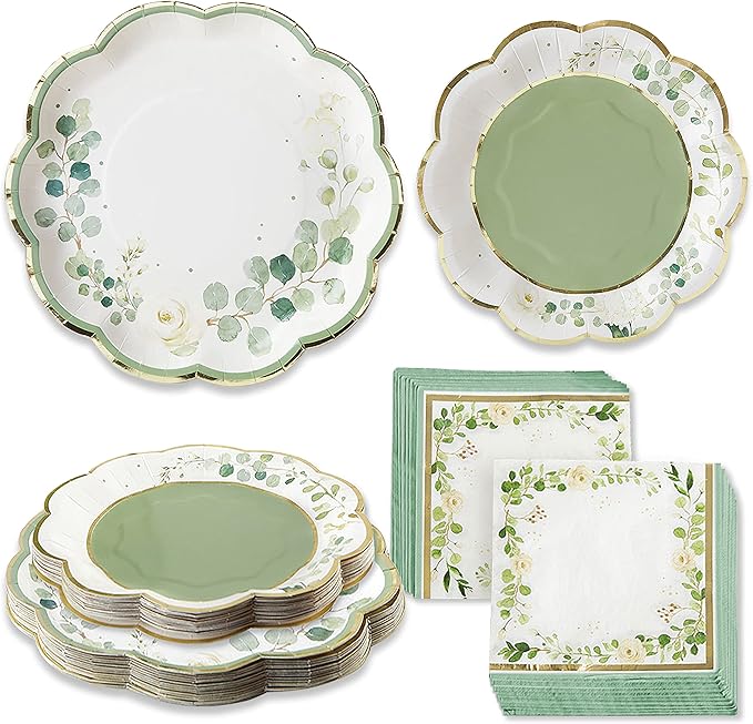 Kate Aspen Sage Green Party Decorations, Eucalyptus Floral Botanical Garden 62 Piece Plates and Napkins Party Supplies (16 Guests) Greenery Baby Shower Decorations & Bridal Shower Decor