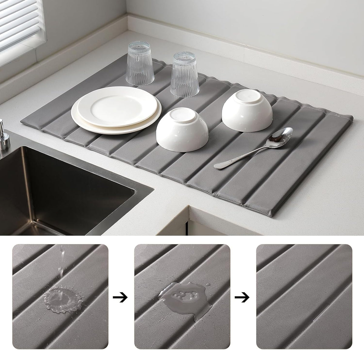 Stone Dish Drying Mat with PU Leather Surface for Kitchen Counter, Water-Absorbent Collapsible Roll up, Quick Dry, Non-Slip for Cups Dishes Bottles,Removable and washable(Medium Gray, 23.6”x15.4”)