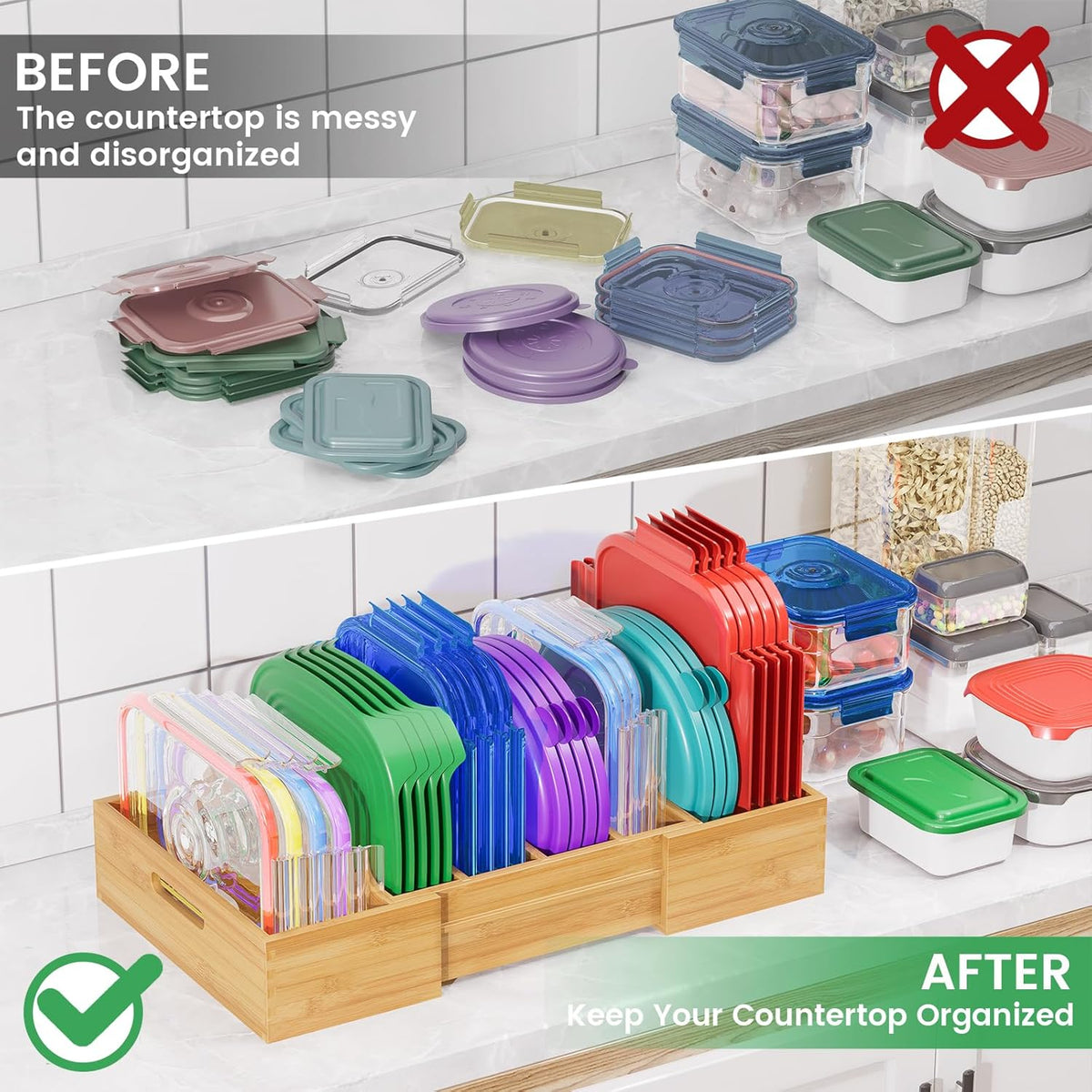 Expandable Bamboo Lid Organizers Inside Cabinet, Kitchen Cabinet Organizers with 3 Adjustable Dividers, Storage Plastic Lids, Food Container Lid Holder Organizer for Drawer Pantry, Nature