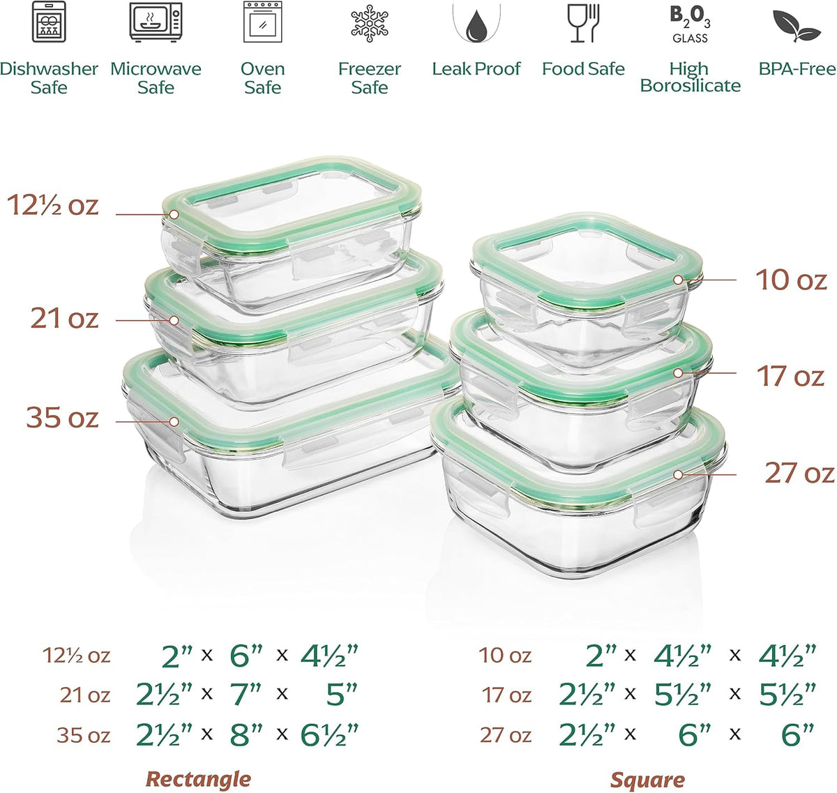 Fusion Gourmet Glass Meal Prep Containers with Lids [6 Pack] Storage Containers, Leak proof, Airtight Locking Lids, Microwave, Oven, Freezer & Dishwasher Safe