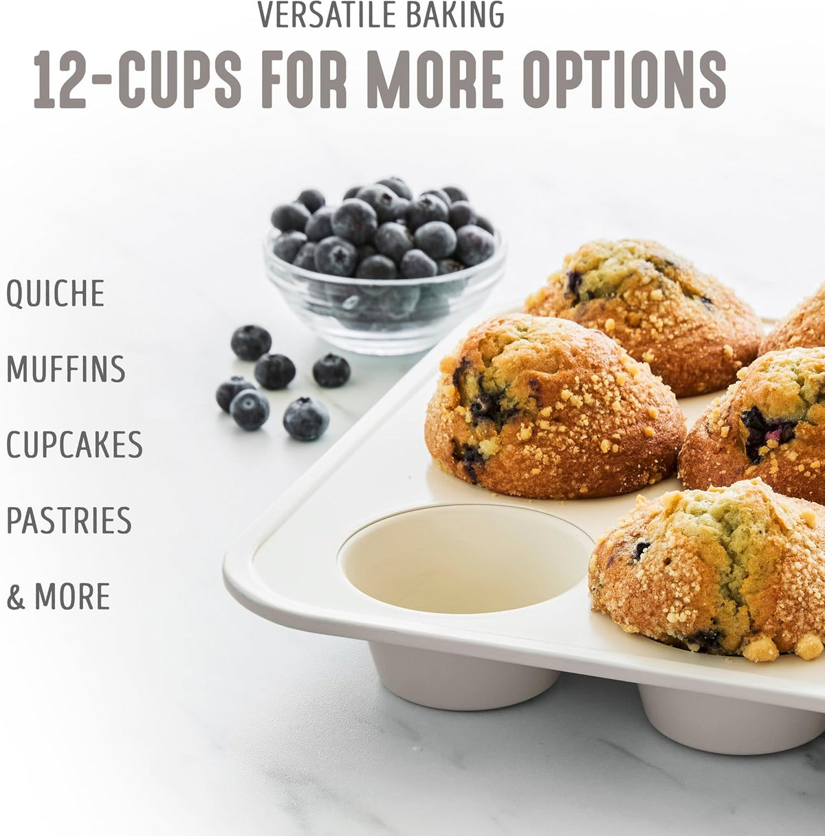 GreenLife 12-Cup Muffin Pan, Healthy Ceramic Nonstick Bakeware, PFOA & PFAS-Free Cupcake Tray, Durable Baking Pan, Versatile Kitchen Essential, Easy Clean Muffin Mold, Nonstick Baking Sheet, Taupe