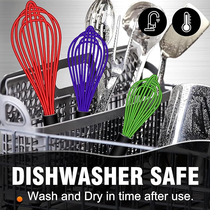 Walfos Whisk,7+9+11in Silicone whisk, BPA free Whisks for Cooking Non Scratch. Heat Resistant(480°F) Wisk. Perfect for Blending, Mixing, Beating etc.Dishwasher Safe.Set of 3 (Colorful)