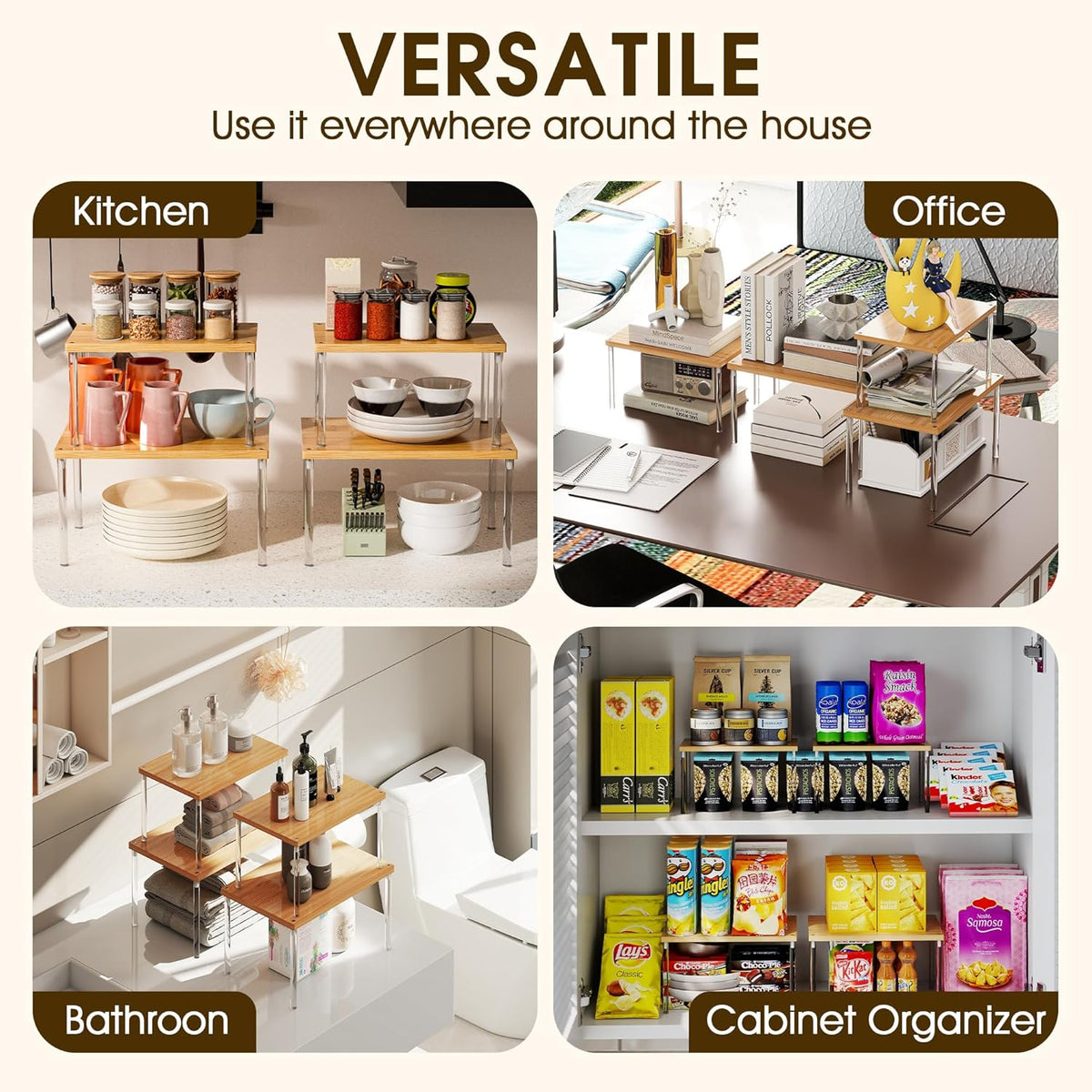 Jolitac Cabinet Organizer Shelf - Set of 4 Clear Acrylic Spice Rack, Stackable Pantry Storage Shelves for Kitchen Counter, Bathroom, Desk - Multi-Purpose Bamboo Space Saving Shelves, Easy Assembly