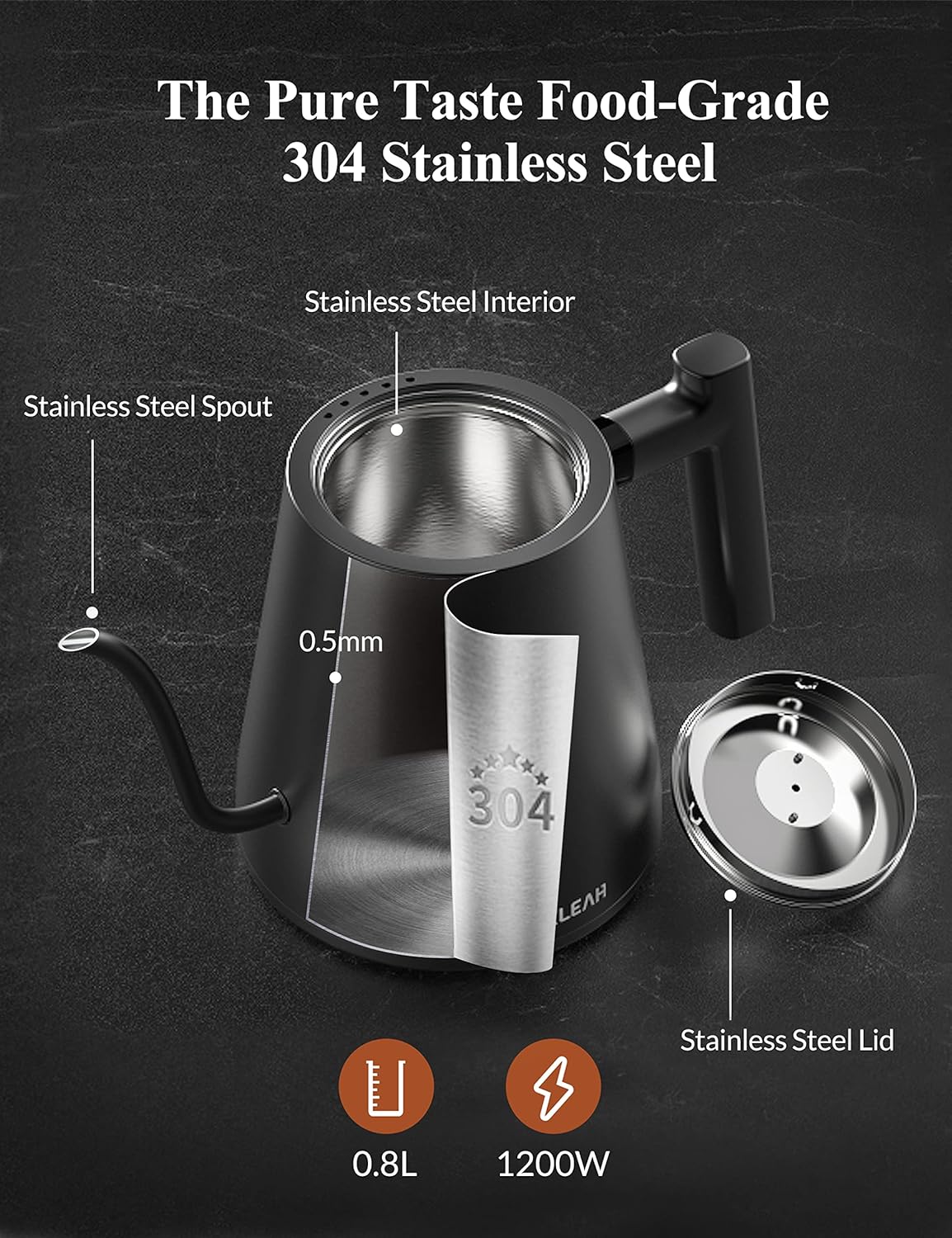 KLEAH Gooseneck Electric Kettle with Temperature Control - 0.8L Automatic Shut Off Tea & Coffee Kettle, Hot Water Boiler Pour Over Coffee Kettle, 1200W Quick Heating Keep Warm, Black