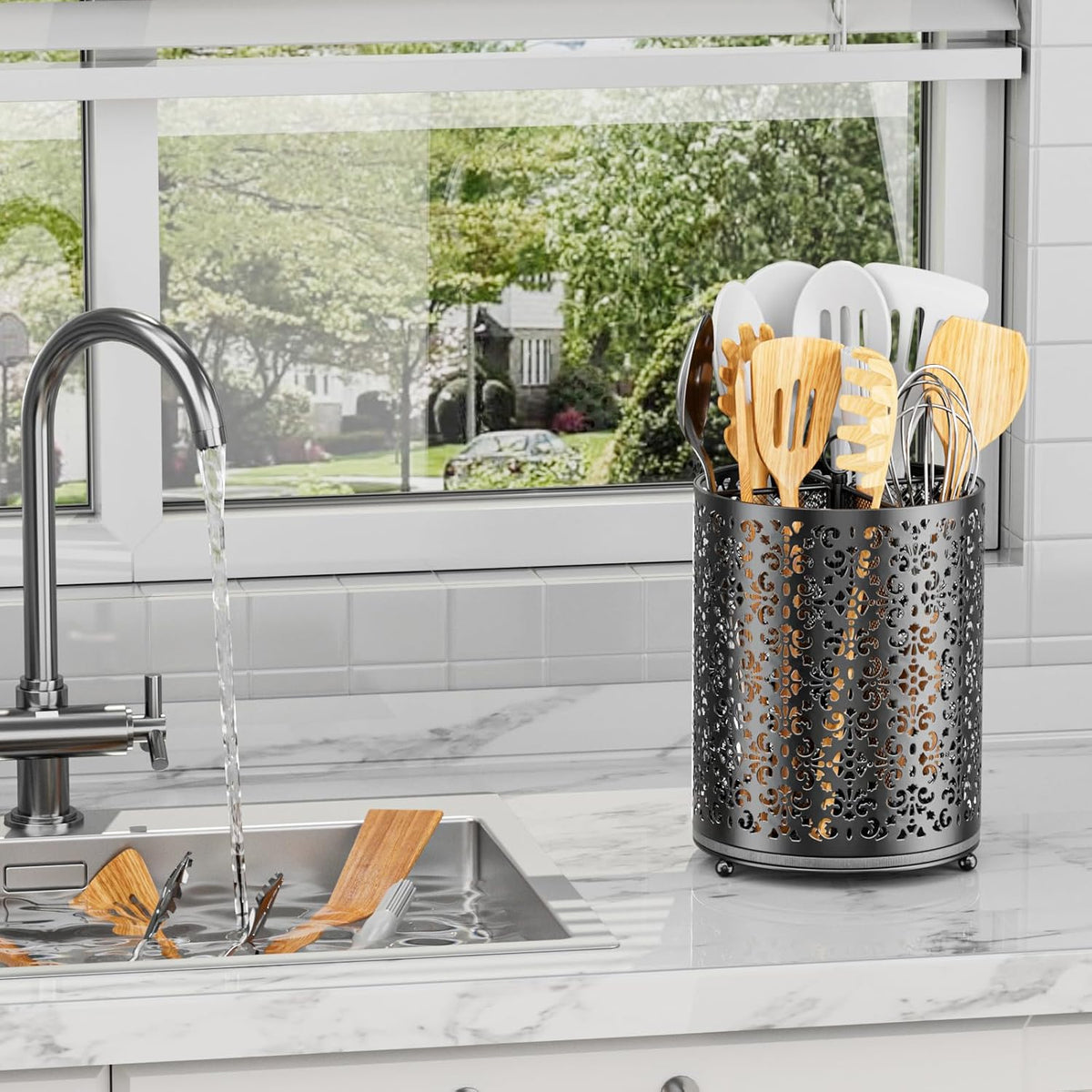 360° Rotating Utensil Holder - Extra Large Cooking Utensils Caddy Counter Organizer with Instant-Dry and Removable Base for Kitchen Tools