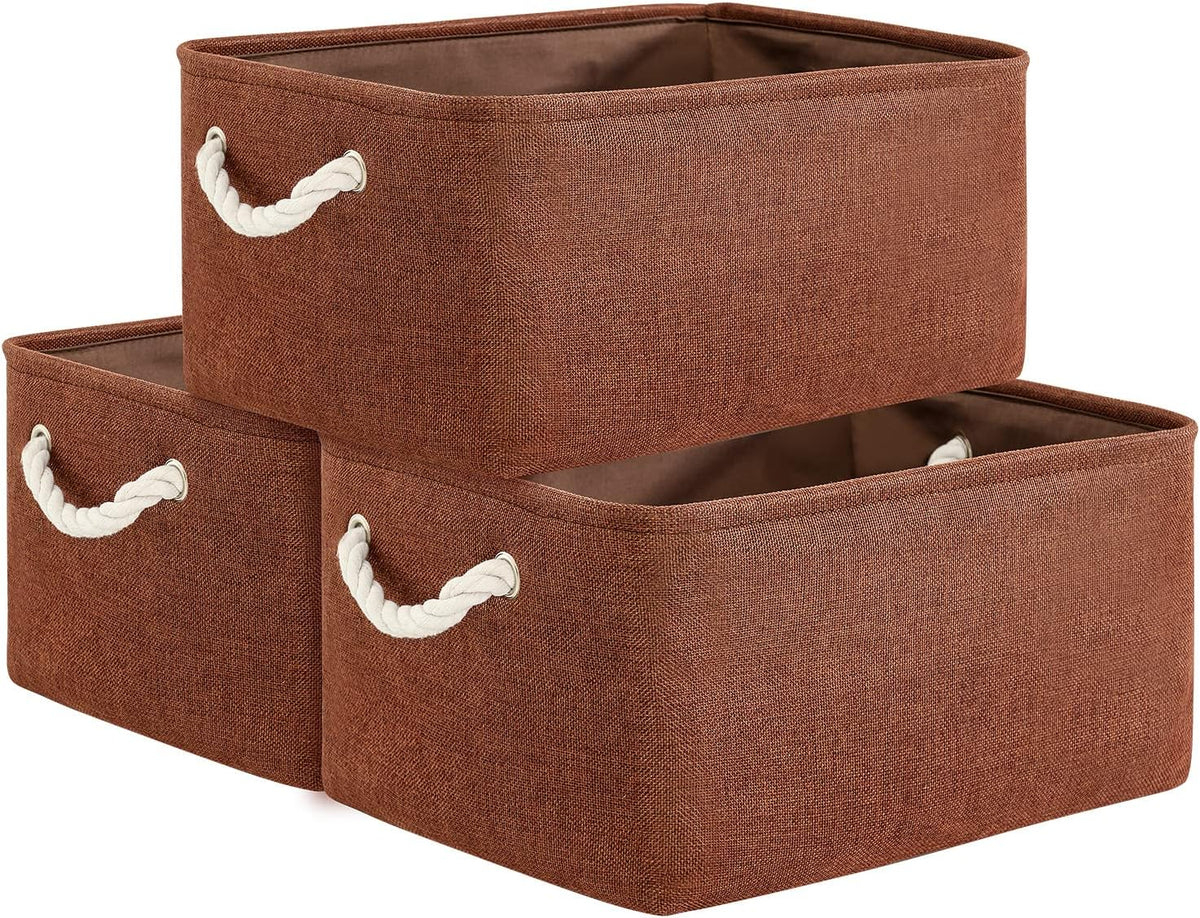 TheWarmHome Decorative Basket Rectangular Fabric Storage Bin Organizer Basket with Handles for Clothes Storage (Brown,Large-3Pack,15.7L*11.8W*8.3H)