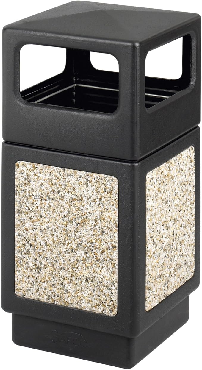 Safco Canmeleon Trash Can, 38 Gallons, Indoor and Outdoor Use, Durable & Weather-Resistant Commercial Garbage Can with Stone Panels, Black