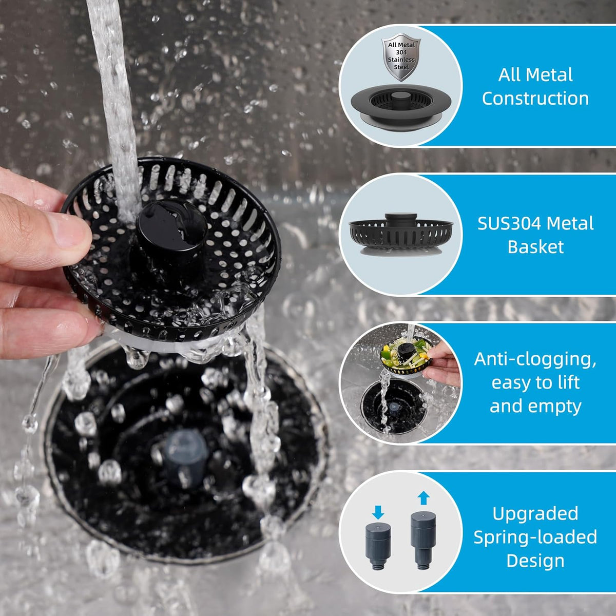 Hibbent All Metal Stainless Steel 3 in 1 Kitchen Sink Drain Strainer, Upgraded Sink Stop Combo, 3 Anti-Clogging Stainless Steel Baskets Strainer with Metal Handle for US Standard 3-1/2" Drain, Black