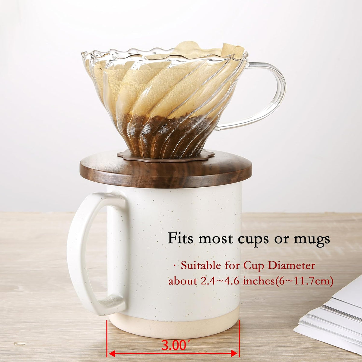 Pour Over Coffee Dripper with 100 pcs of Size 02 Paper Filter, Borosilicate Glass & Walnut Collar, Drip Coffee Maker, 1-3 Cups, Clear (Coffee Dripper)