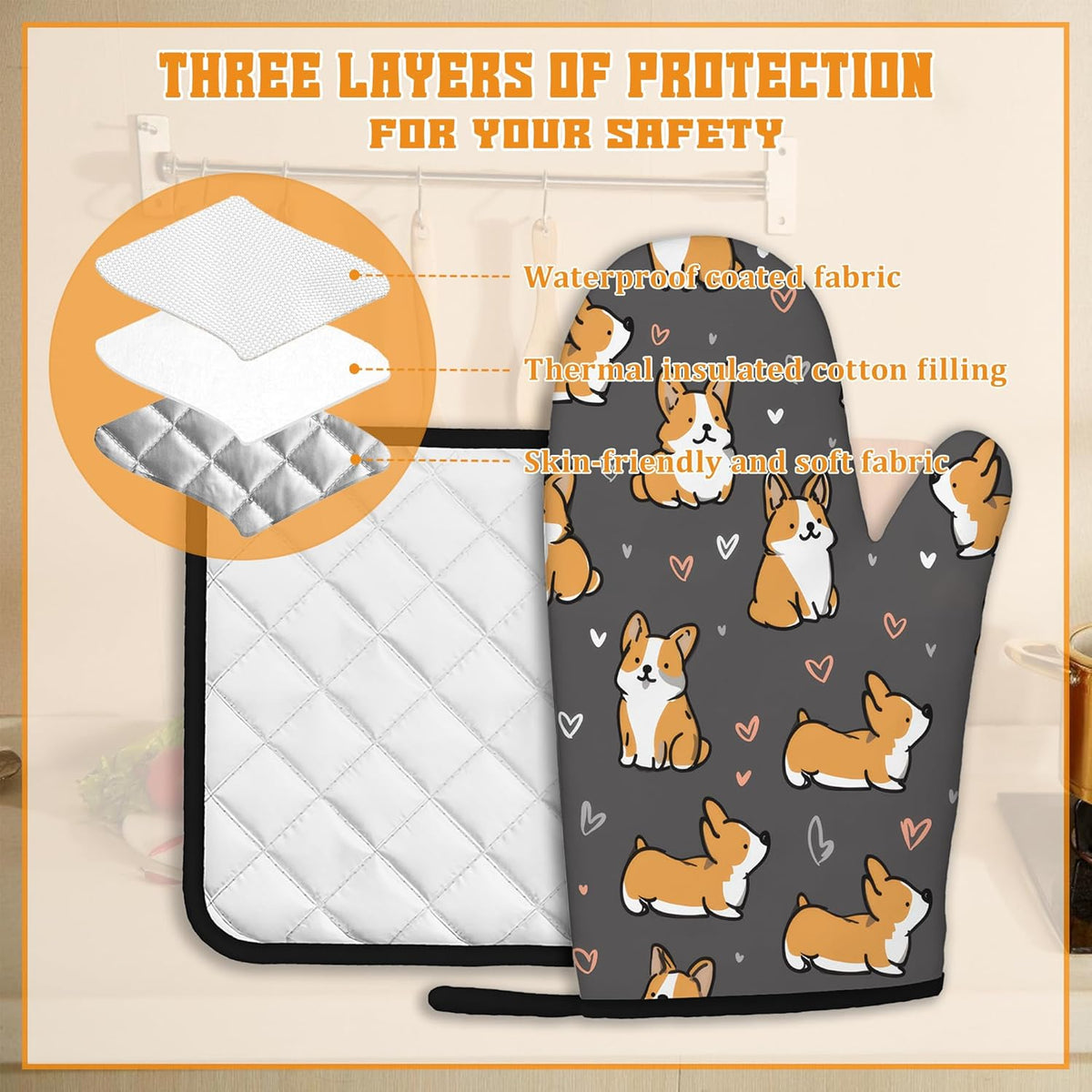 Cute Corgi Dog Oven Mitts and Pot Holders,Heat Resistant Oven Mitts Gloves and Pot Holder for Home Kitchen Decorations Cooking Baking BBQ Gifts,Set of 4